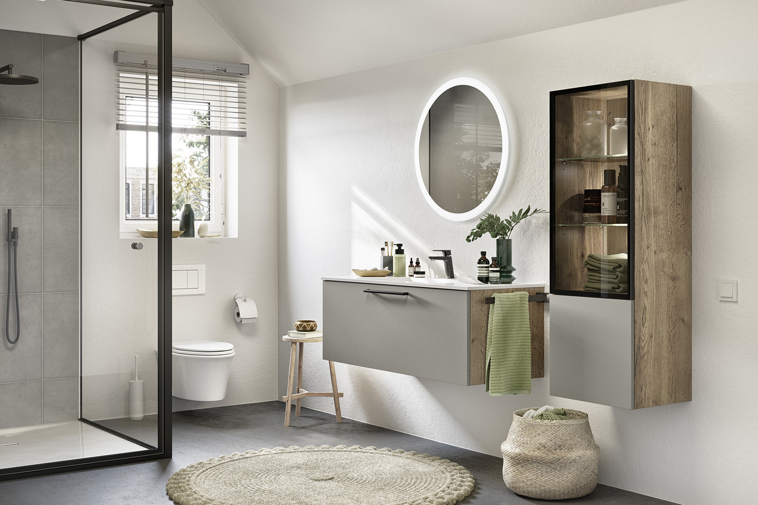 modernes Badezimmer im Industrial-Look mit rundem Spiegel